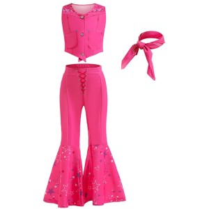 Zestaw różowy dla dziewczynki w stylu Barbie – top, spodnie dzwony i chustka, 3–10 lat