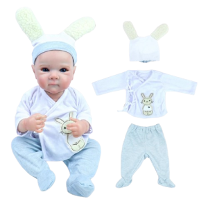 Ubranka dla lalki Reborn 18-20 cali (45-50 cm) - 3-częściowy Komplet Króliczek z Czapeczką (Biało-Błękitny)