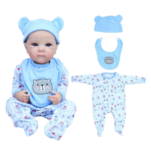 Ubranka dla lalki Reborn 18-20 cali (45-50 cm) - Błękitny Pajacyk z Misiem, Śliniakiem i Czapeczką