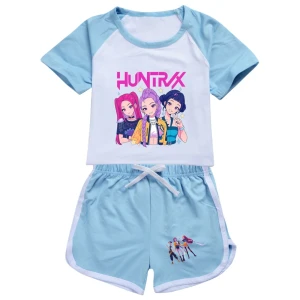 Letni Zestaw Dziecięcy K-POP HUNTRX – Koszulka i Spodenki Sportowe – Rumi, Mira, Zoey – Komplet 2-częściowy
