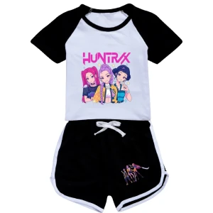 Letni Zestaw Dziecięcy K-POP HUNTRX – Koszulka i Spodenki Sportowe – Rumi, Mira, Zoey – Komplet 2-częściowy 