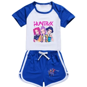 Letni Zestaw Dziecięcy K-POP HUNTRX – Koszulka i Spodenki Sportowe – Rumi, Mira, Zoey – Komplet 2-częściowy 