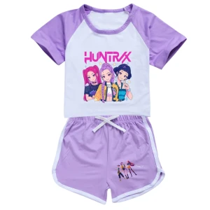 Letni Zestaw Dziecięcy K-POP HUNTRX – Koszulka i Spodenki Sportowe – Rumi, Mira, Zoey – Komplet 2-częściowy 
