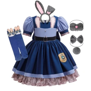 Luksusowy Zestaw Judy Hopps Zwierzogród 6w1 – Sukienka, Uszy, Maska, Mucha, Ogon i Podkolanówki