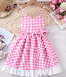 Sukienka dla Dziewczynki w Różową Kratkę Filmowy Styl Barbie