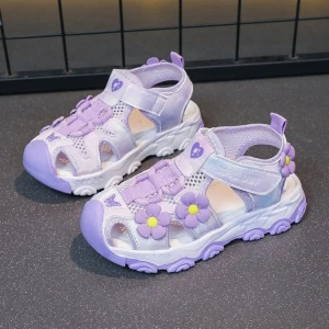 Sandały dziecięce dziewczęce fioletowe na rzep kwiatki – lekkie sandałki letnie antypoślizgowe 25–36
