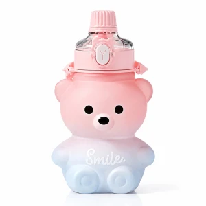 Bidon na Wodę dla Dzieci Miś 1000 ml z Słomką i Ustnikiem 2w1 – Szkolna Butelka Matowa z Paskiem Smile 1 L